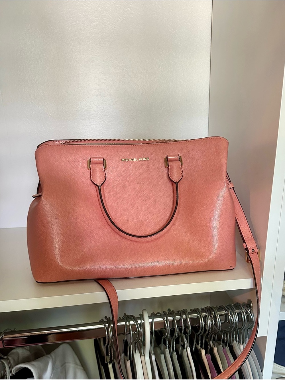 Michael Kors Pink Saffiano Leather Satchel with Detachable Strap